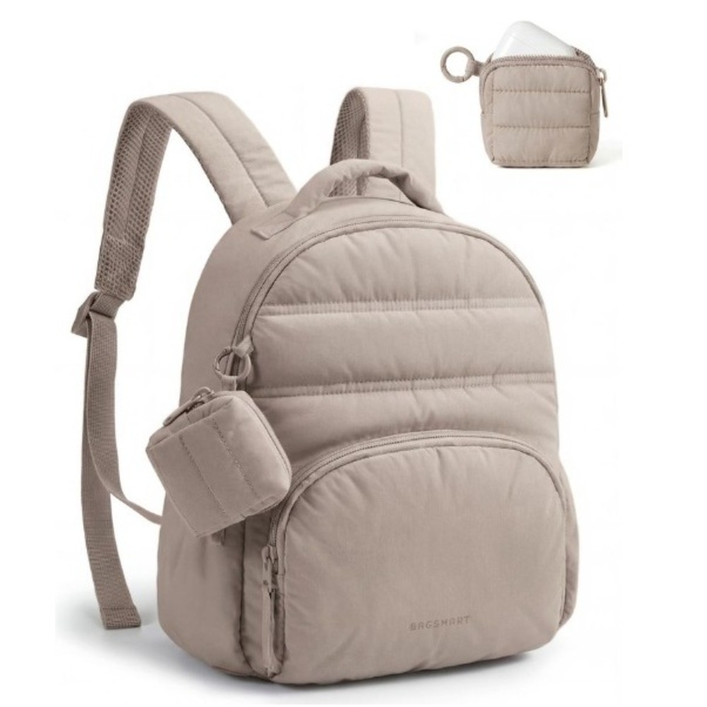 BAGSMART Puffer Mini Backpack Women Small Latte Brown Quilted 2-in-1 Set